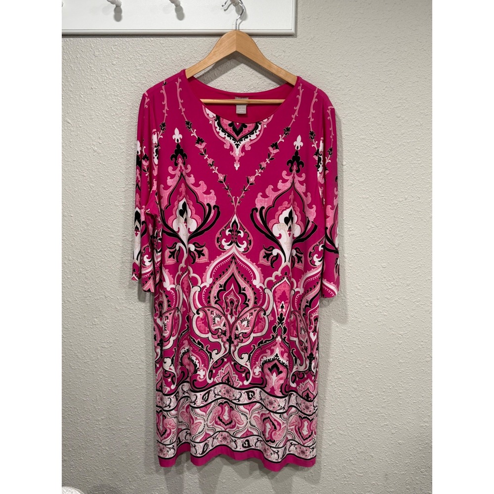Chicos Paisley Print Shift Dress 3/4 Sleeve Plus Size 20/22 Coastal Boho Chic - Picture 2 of 5